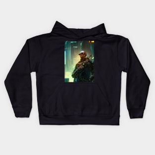 Cyborg on the background of a sci-fi city Kids Hoodie